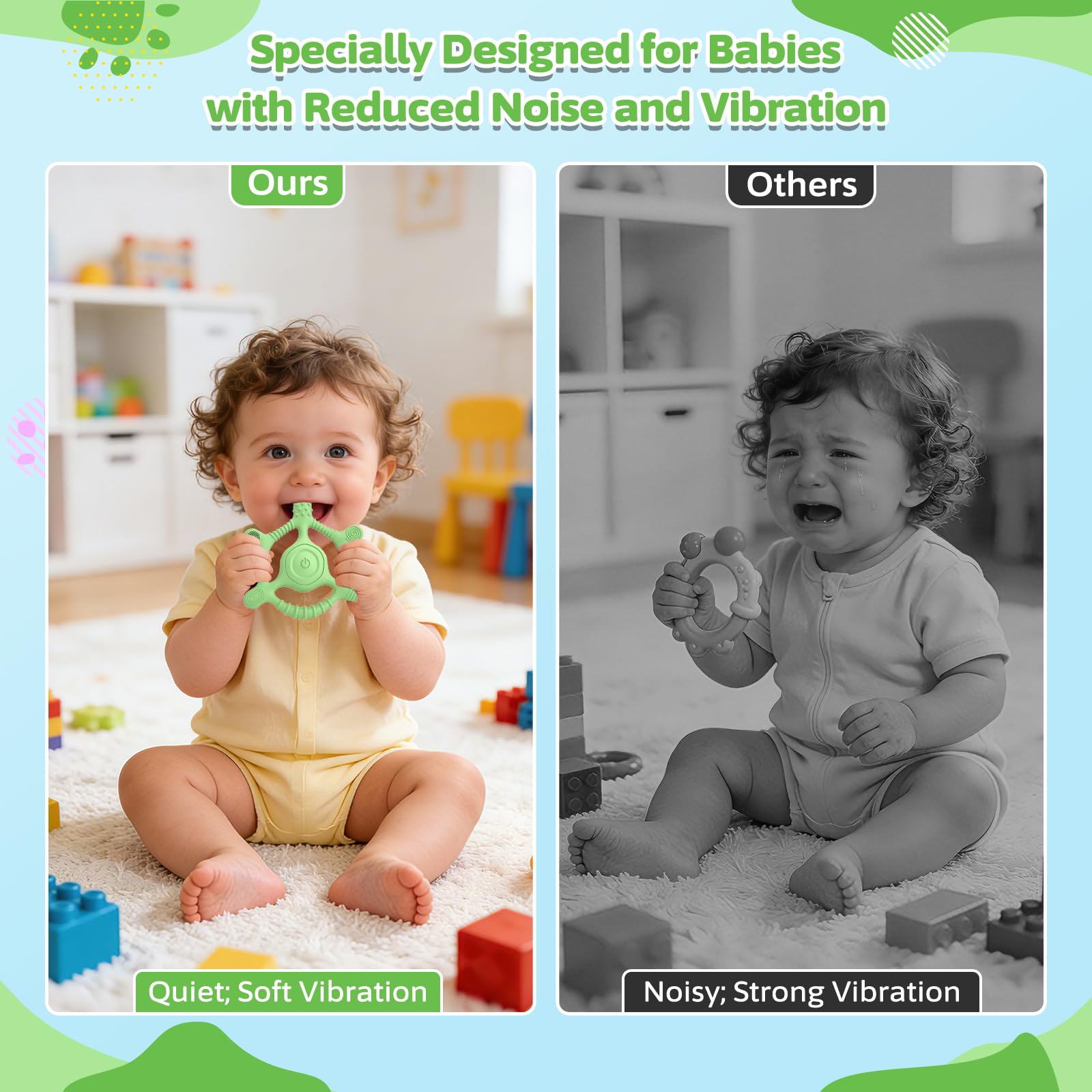 Mukoiber vibrating teether in green color for sensory play.