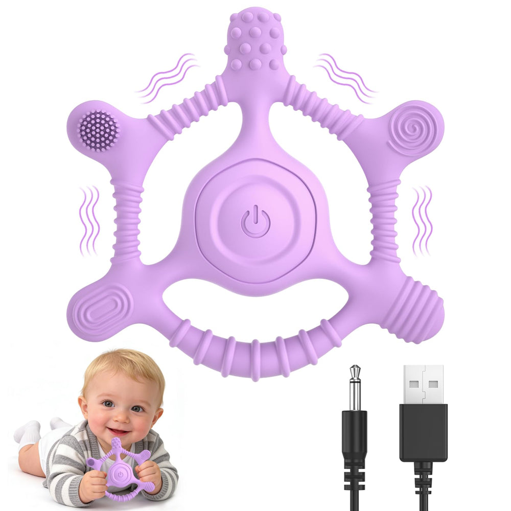 Mukoiber vibrating teether purple baby teether offers gentle vibration for soothing gums.
