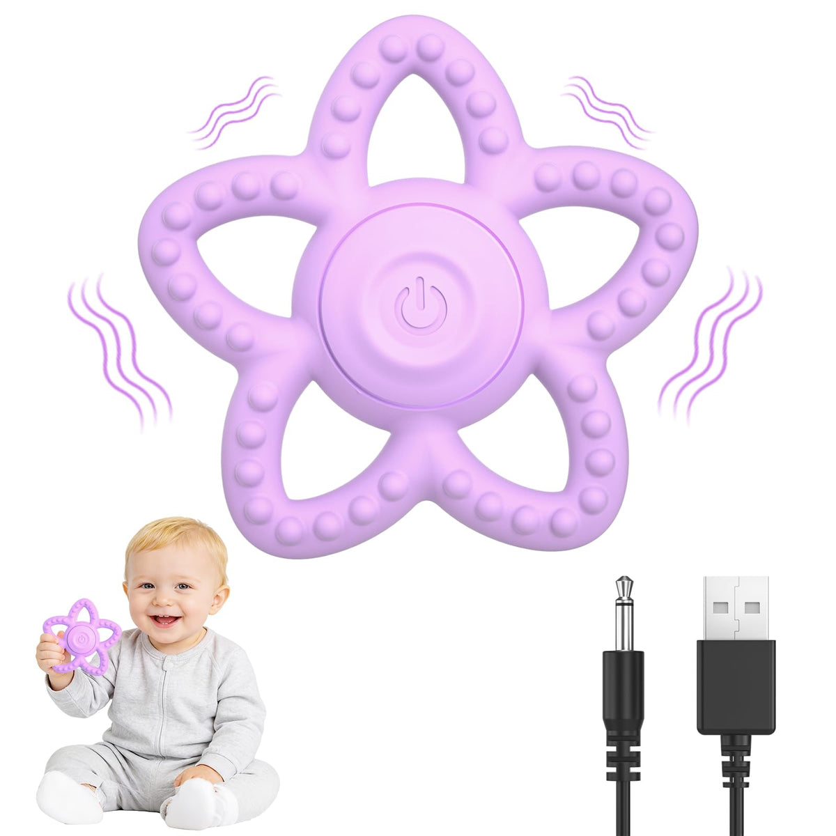 Mukoiber vibrating teether purple front view for soothing teething.