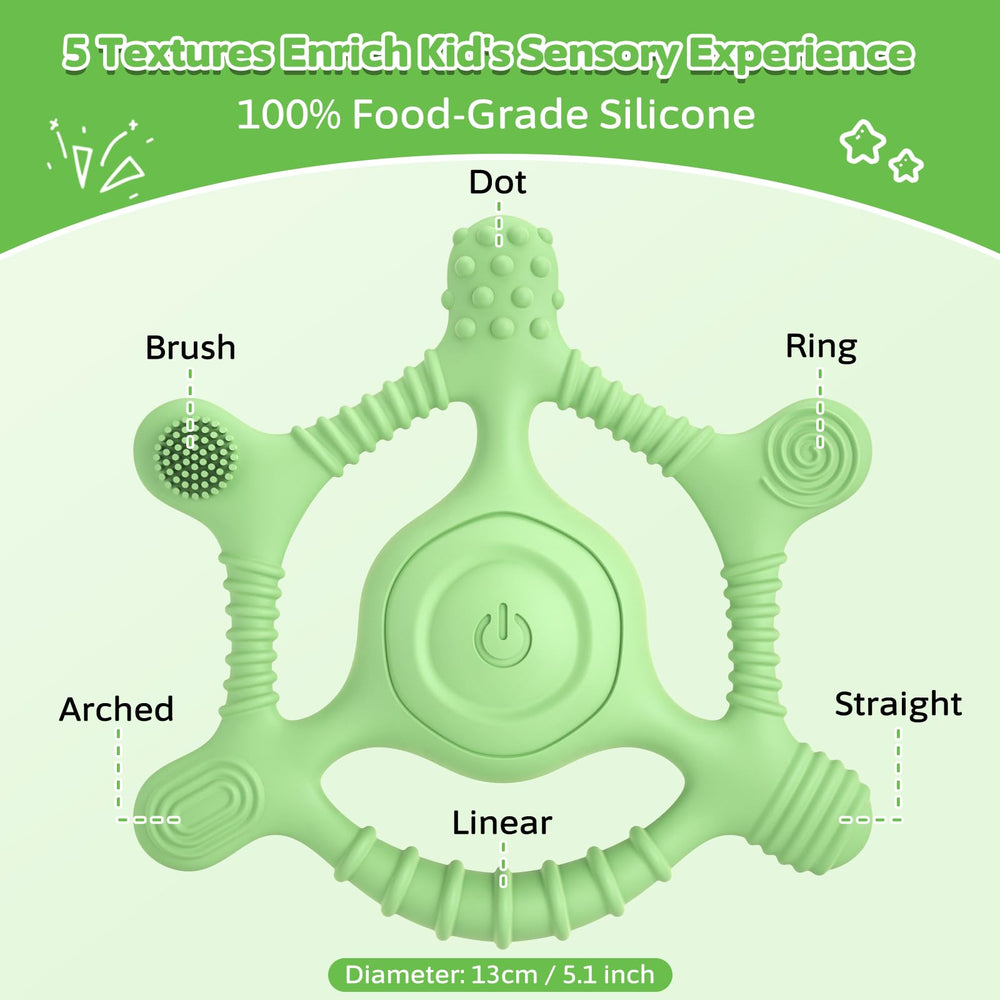 Mukoiber vibrating teether teething gum relief during chewing.