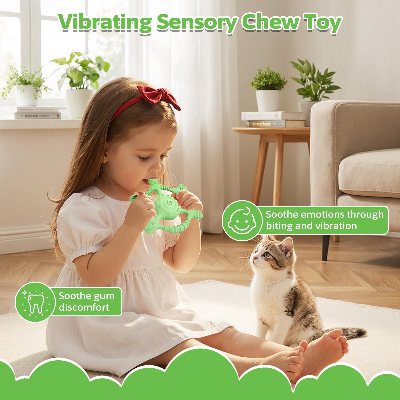 Mukoiber vibrating teether travel-friendly size for on-the-go use.