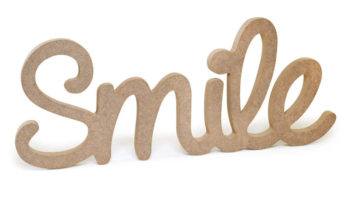Multicraft Smile wood word decor front view, ideal for customizable wall art.