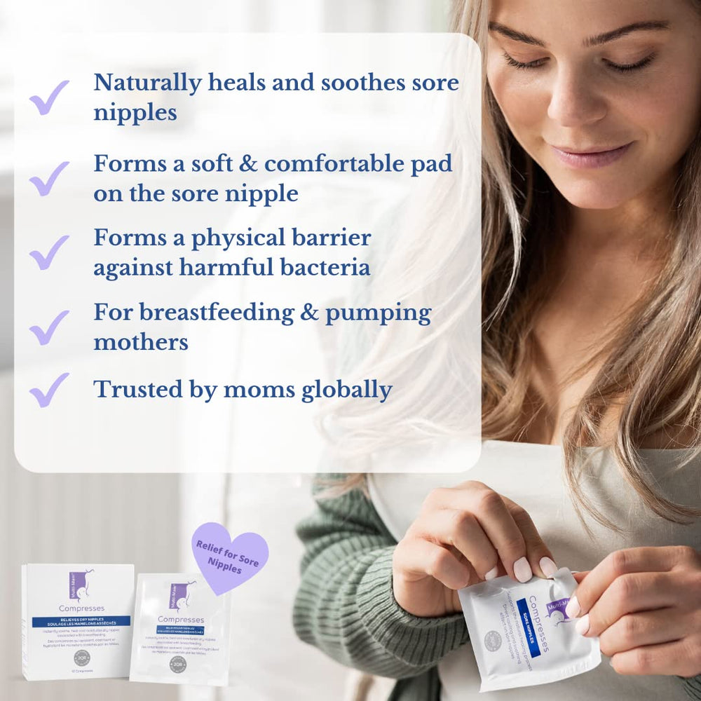 Multi-Mam nipple compress sachet close-up highlights soft, moisture-friendly material