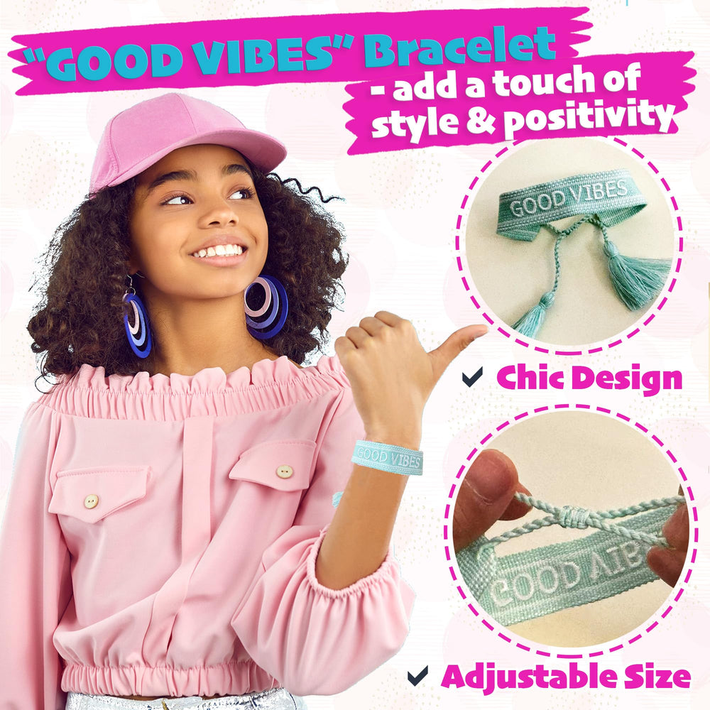 Multipieyo good vibes bracelet and stickers promote positivity during first period.