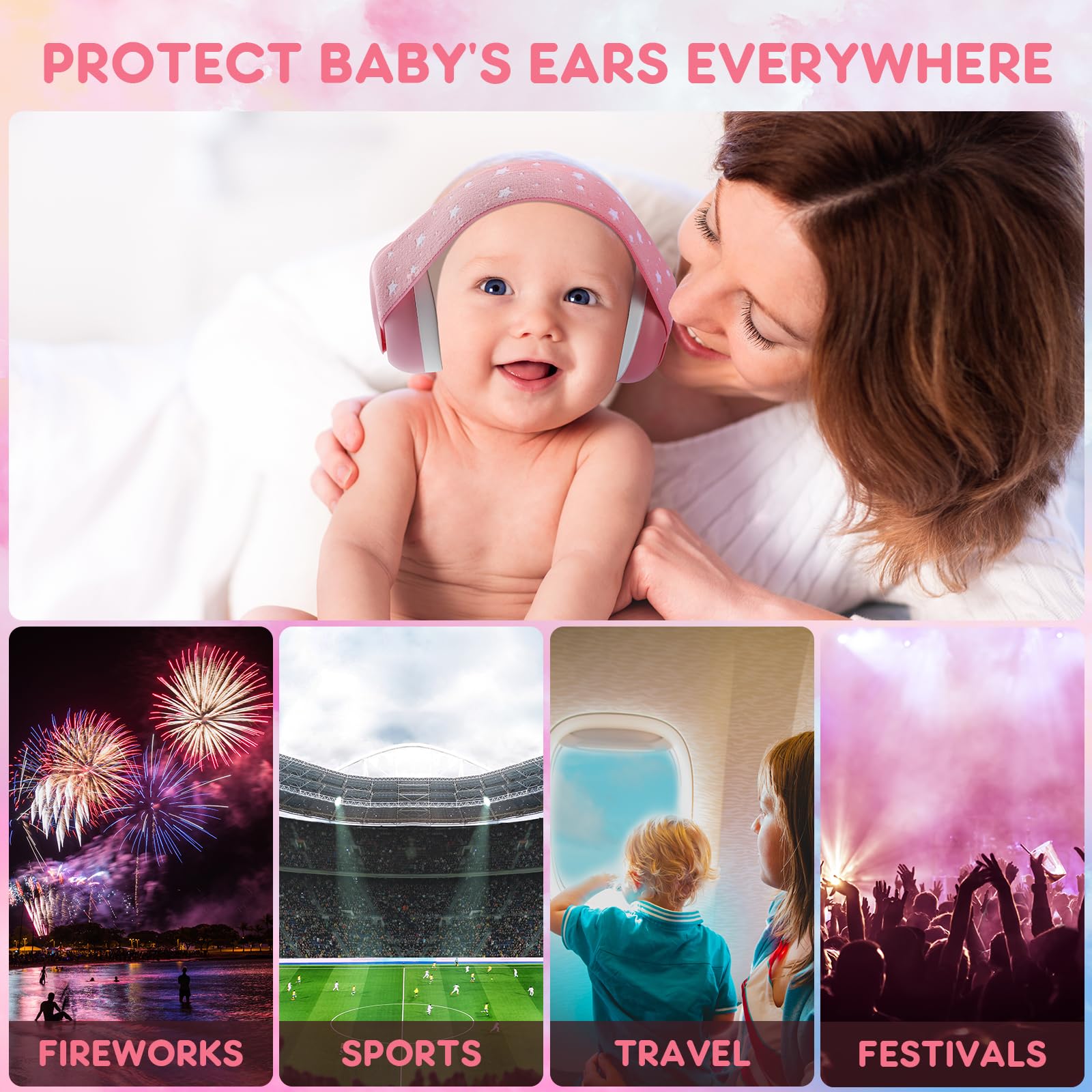 Mumba Baby Ear Protection anti-slip-elastic-headband stays in place during activity.