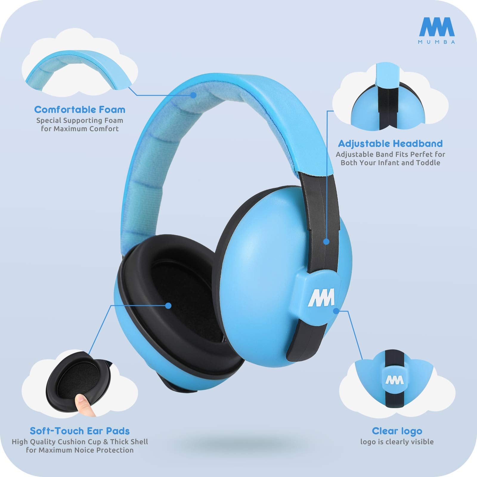 Mumba Baby Earmuffs feature a lightweight-design ideal for travel.