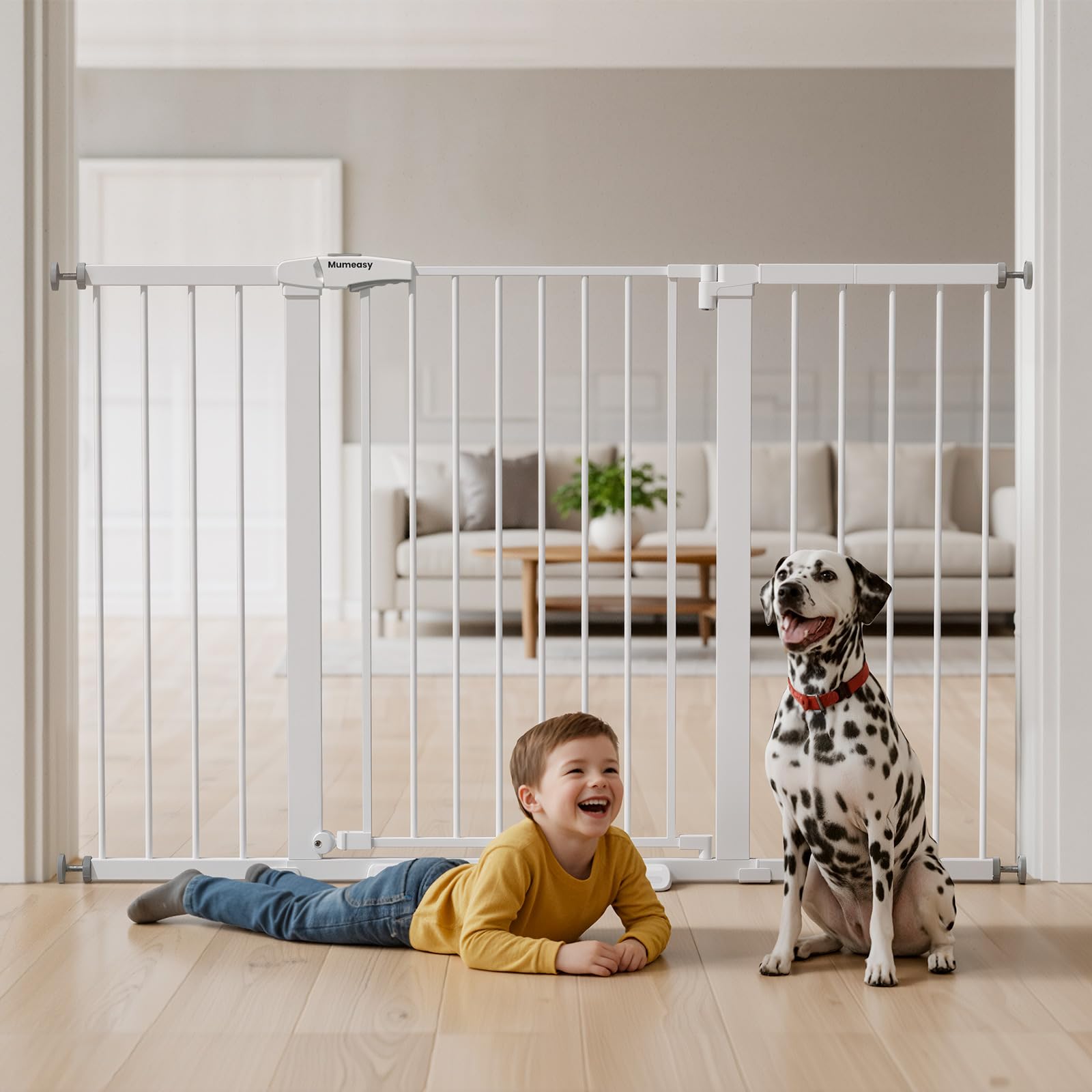 Mumeasy 29-57 inch wide baby gate with wide opening for easy passage while carrying items