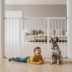 Mumeasy 29-57 inch wide baby gate with wide opening for easy passage while carrying items