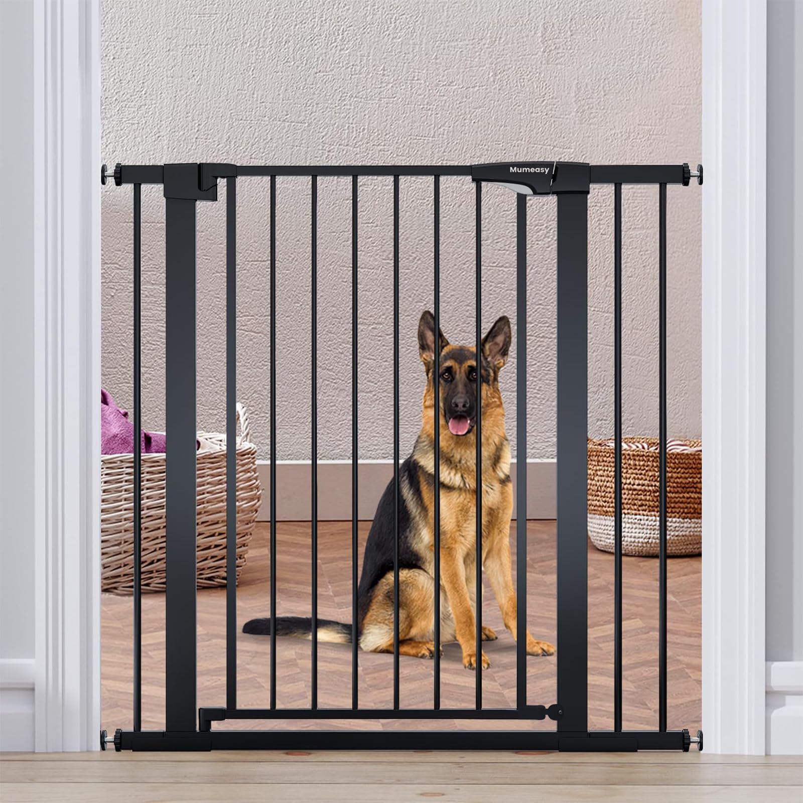 Mumeasy 36in dog gate demonstrates sturdy height for effective pet containment in doorways.