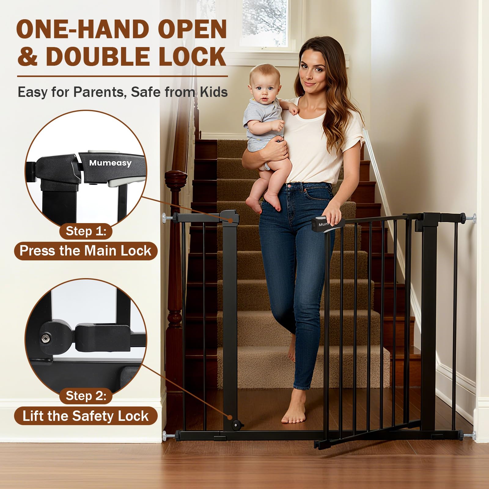Mumeasy hardware-mount design adds extra stability for top or bottom of stairs.