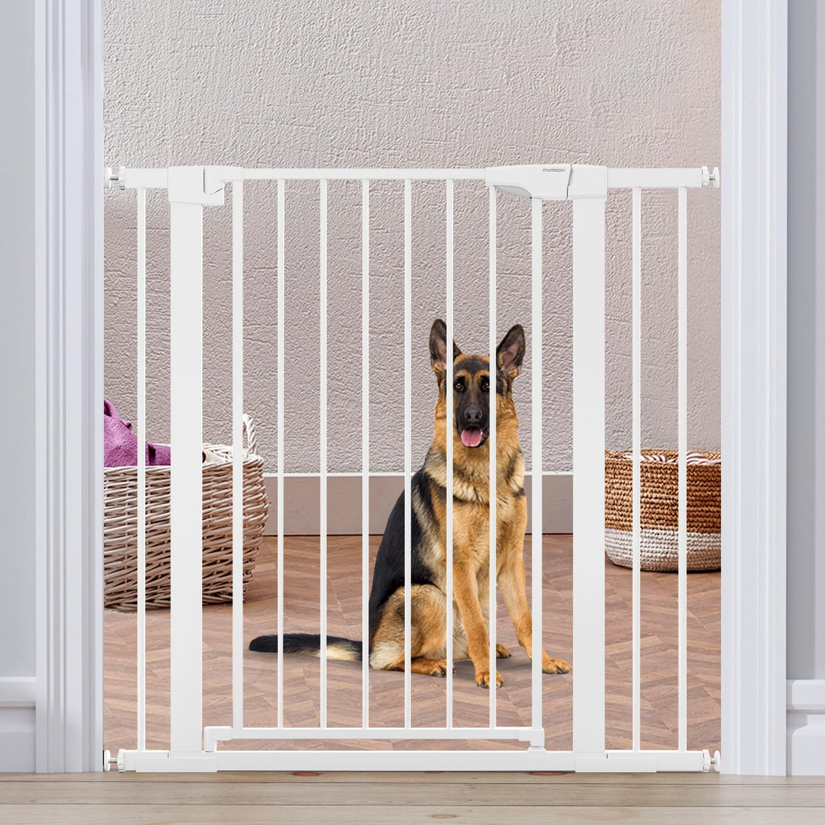 Mumeasy 36-inch extra-tall dog gate at doorway preventing tall pets from jumping