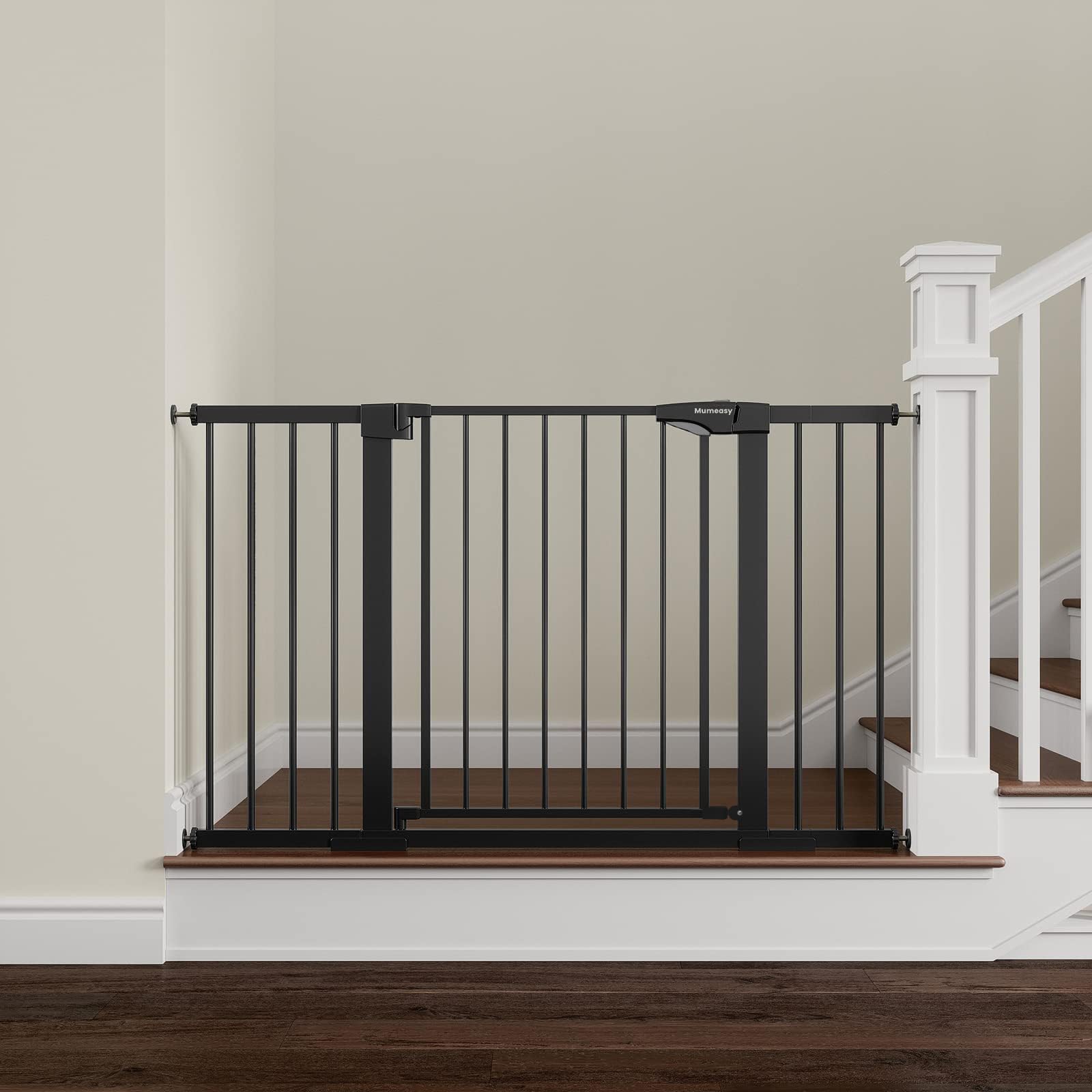 Mumeasy baby gate extra-wide fully installed in doorway for secure passage