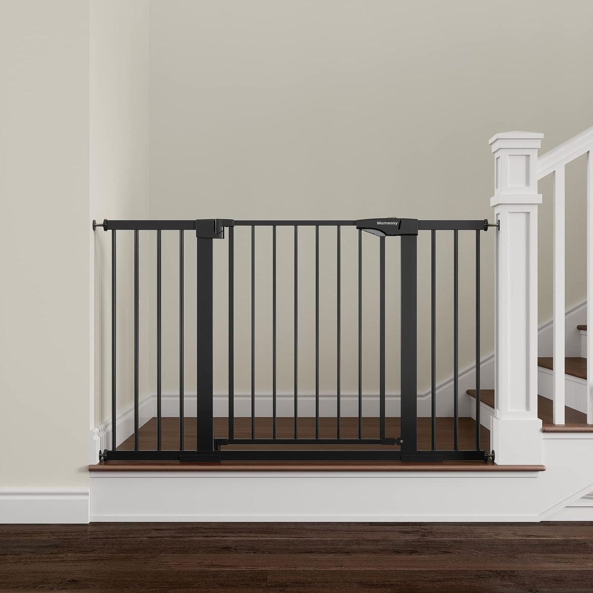 Mumeasy baby gate extra-wide fully installed in doorway for secure passage