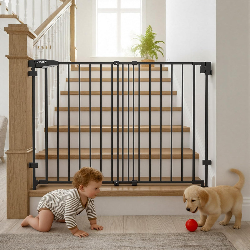 Mumeasy gate with drill-system install on stairs for secure baseboard mounting.