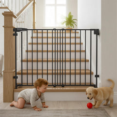 Mumeasy gate with drill-system install on stairs for secure baseboard mounting.
