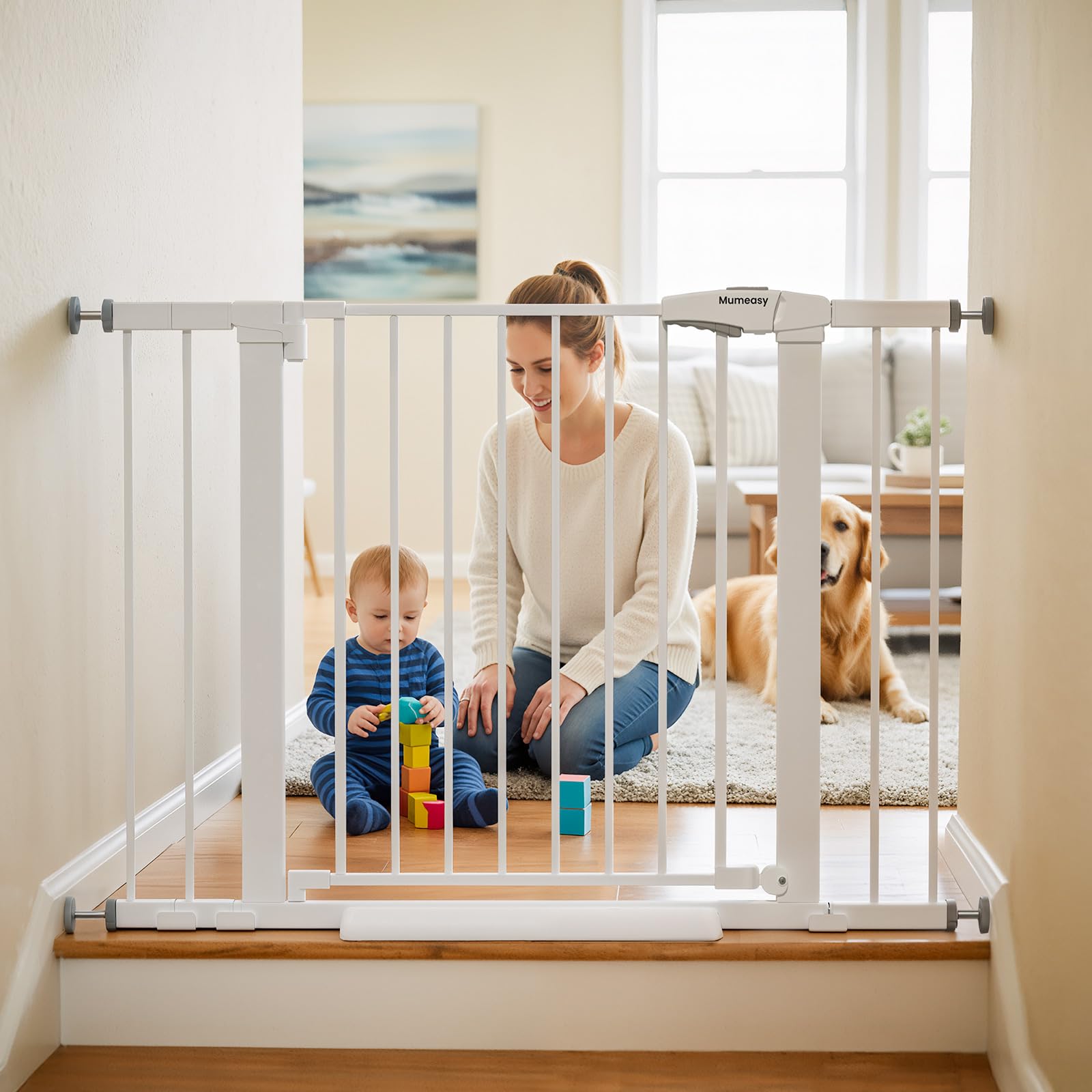 Mumeasy baby gate extensions widen the opening for stairs.