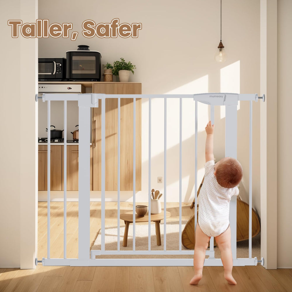 Mumeasy pressure-mounted gate installation showing tool-free setup