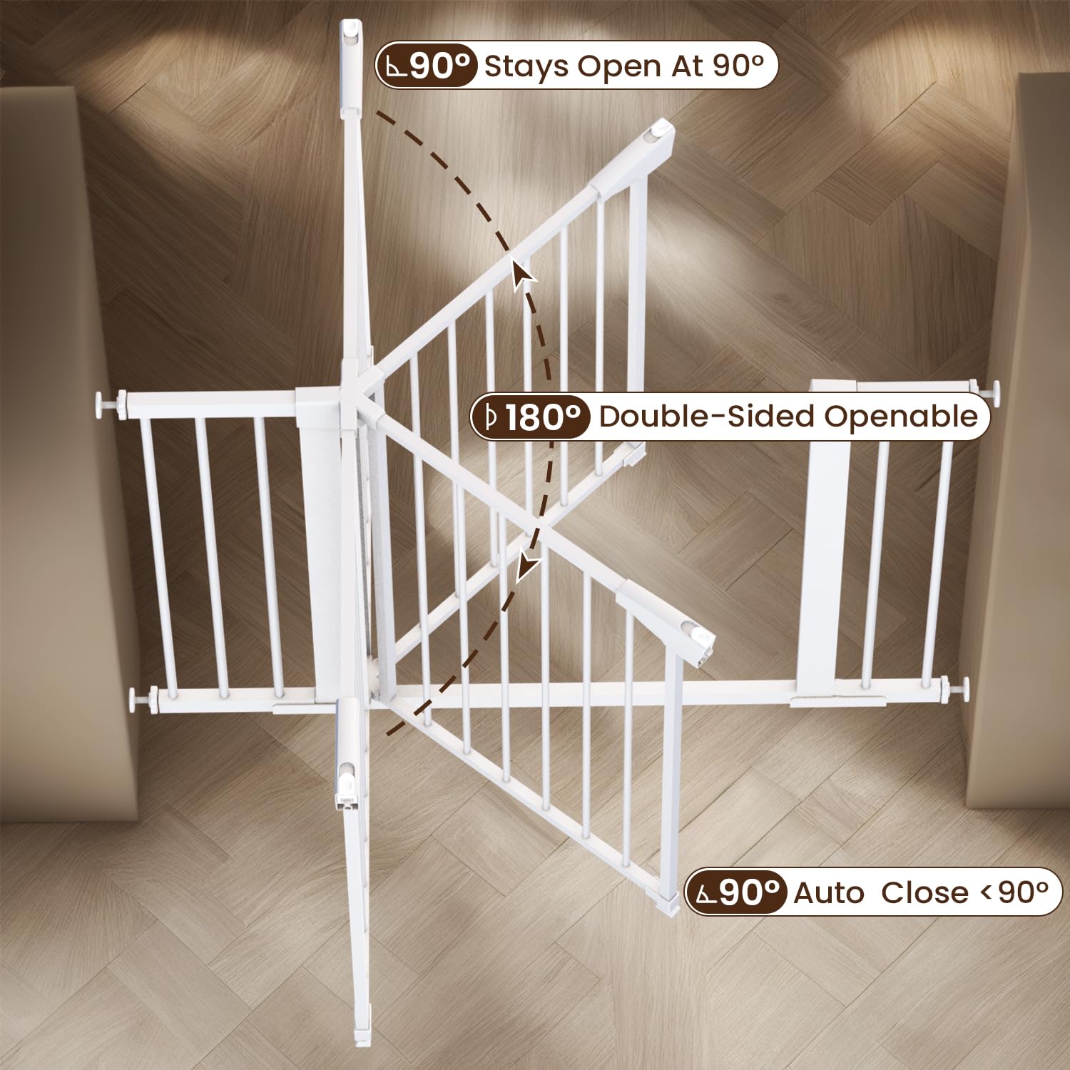 Mumeasy white gate installed at stairs blends with decor