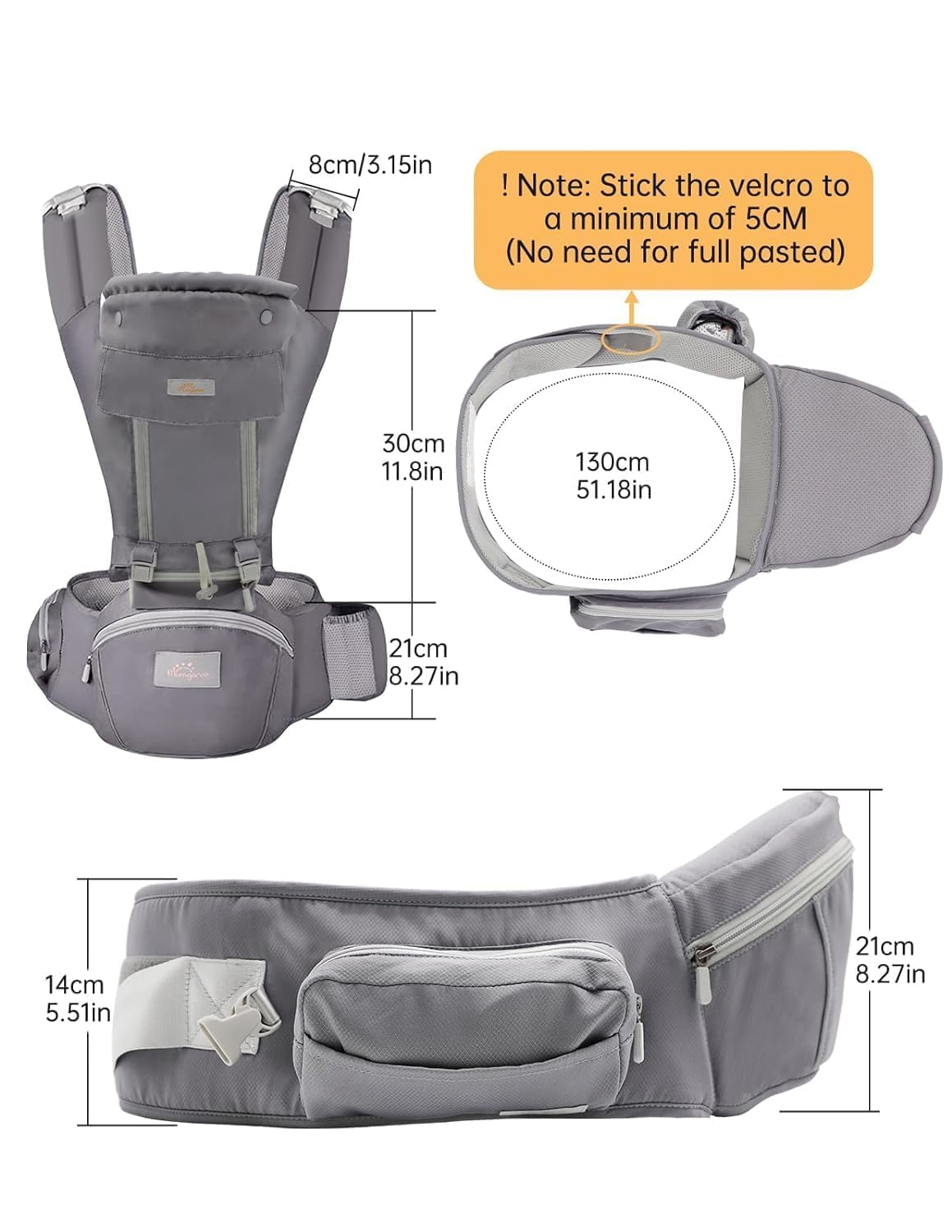 Mumgaroo adjustable mid-panel grey version offers flexible sizing as baby grows.