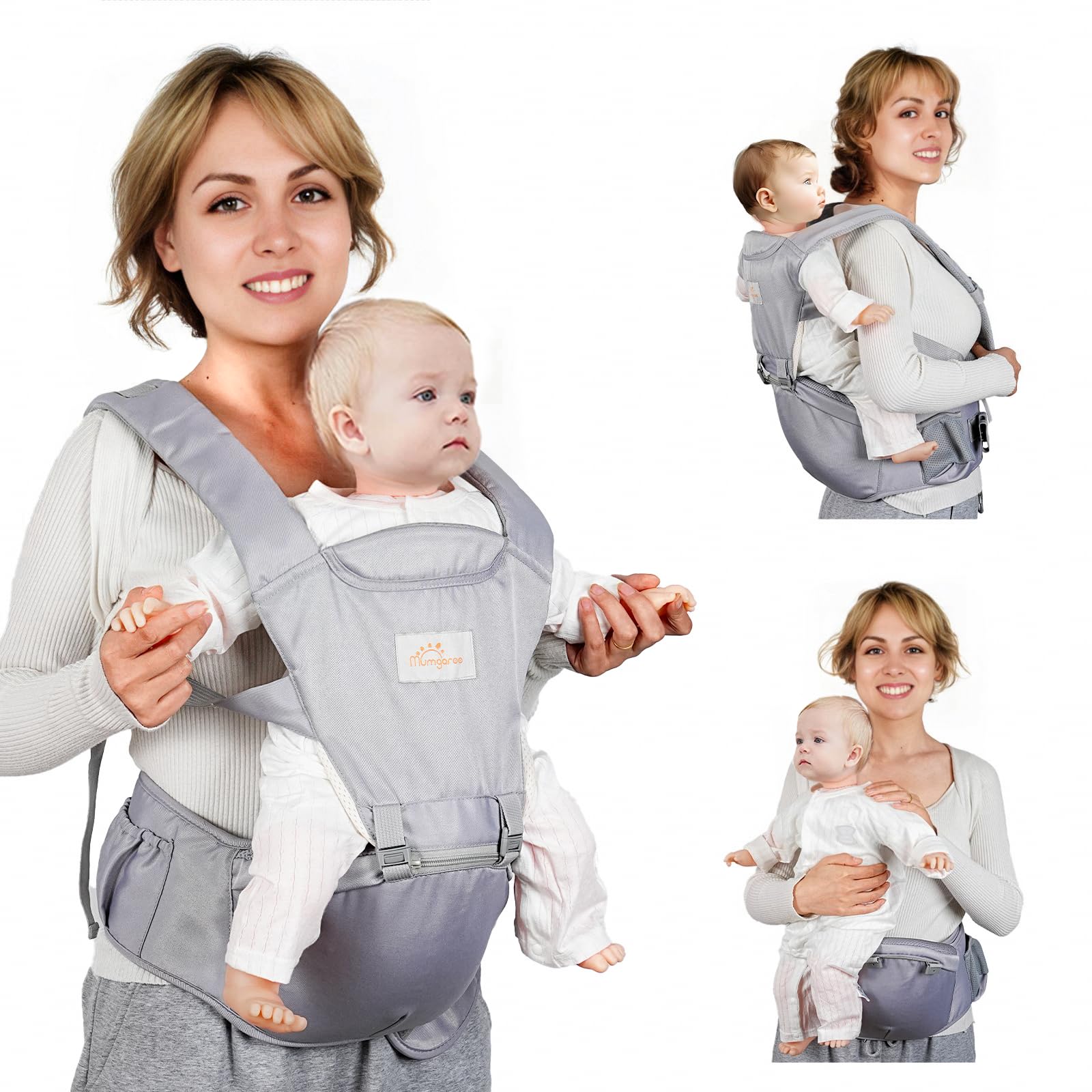 Mumgaroo baby carrier with front hip seat showing ergonomic support for baby