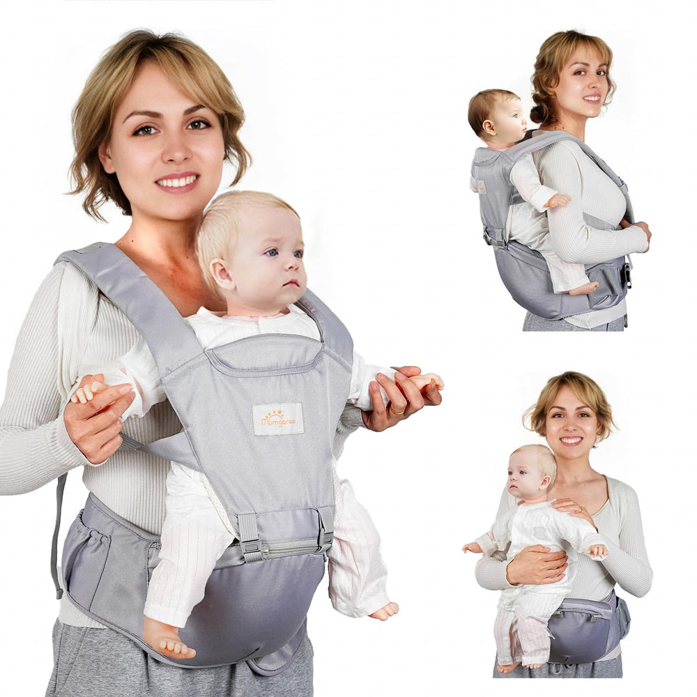 Mumgaroo baby carrier with front hip seat showing ergonomic support for baby