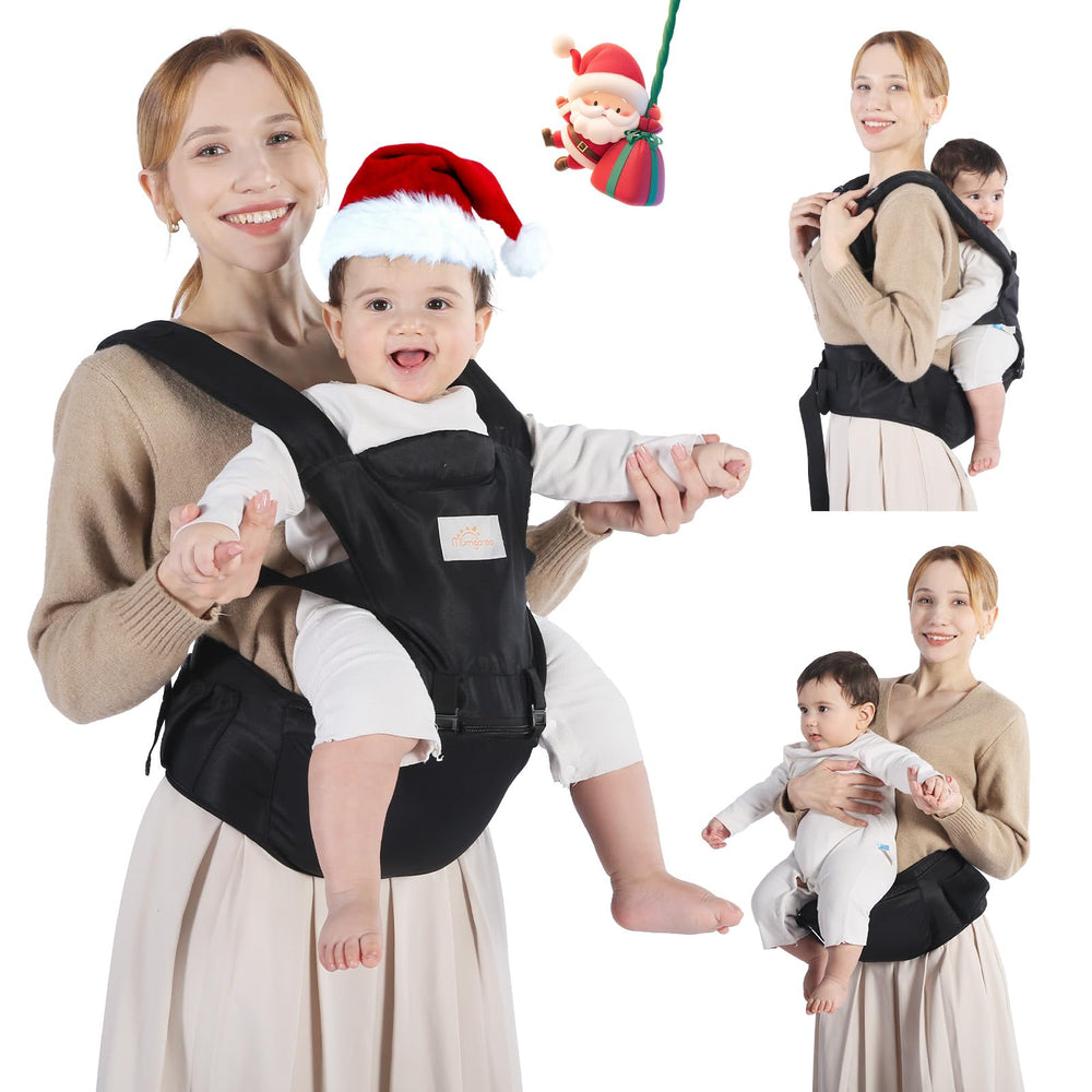 Mumgaroo baby carrier with hip seat in use, hands-free support for caregivers