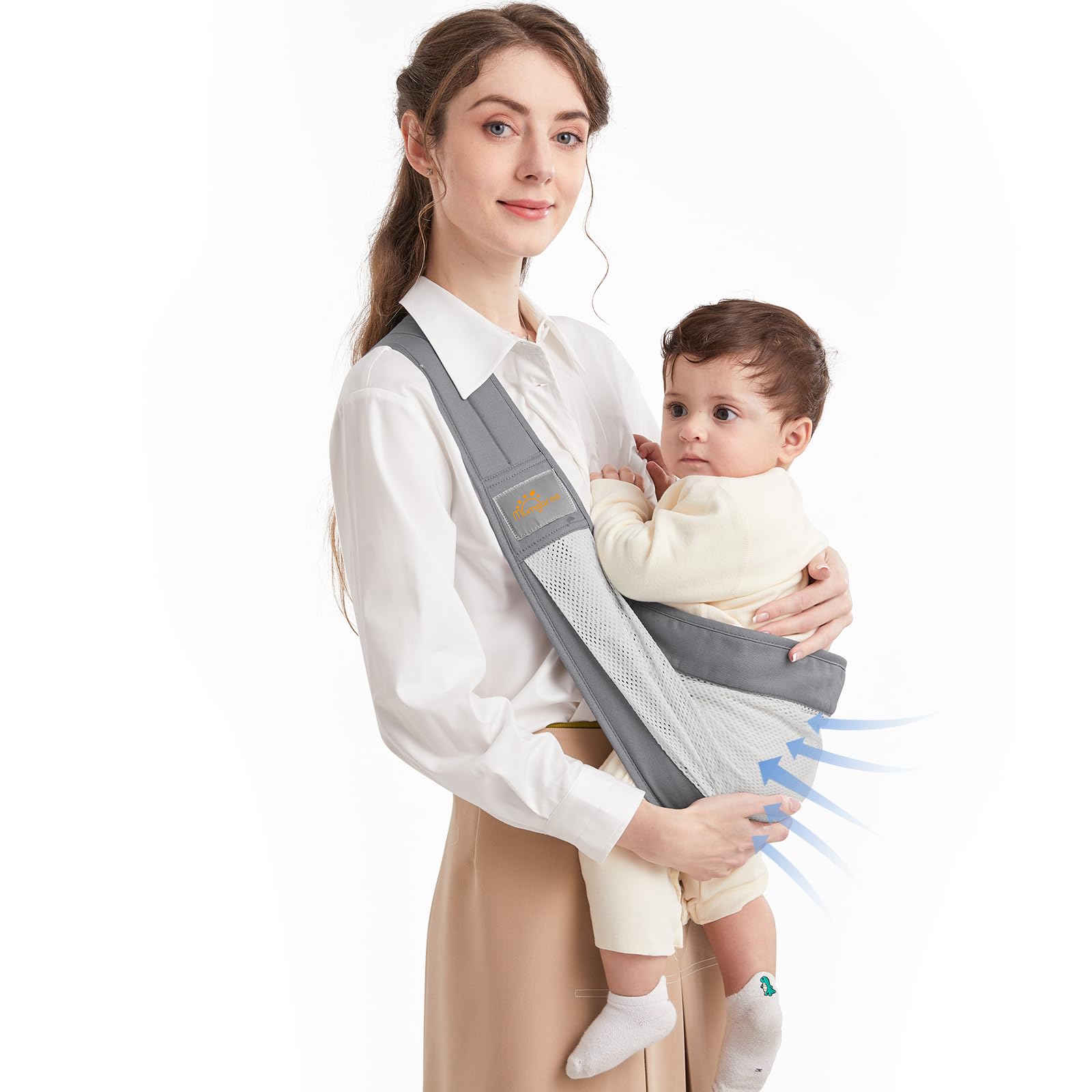 Mumgaroo baby sling front view shows adjustable fit for growing infants.