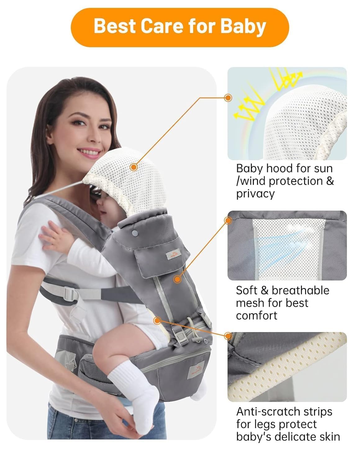 Mumgaroo hip belt and abdominal cushion reduce pressure during long carries.