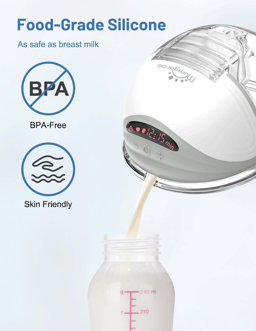 Mumgaroo silicone diaphragm and duckbill valve prevent leaks and keep milk fresh.
