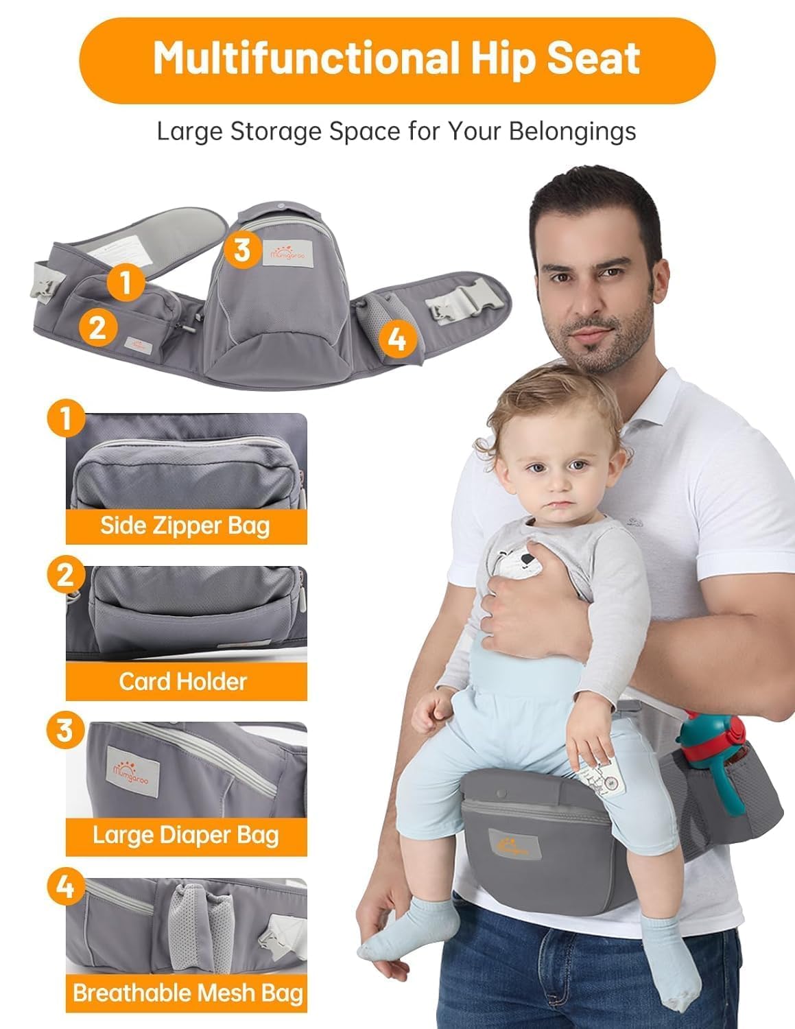 Mumgaroo storage pockets keep bottles, wipes, and essentials within reach.