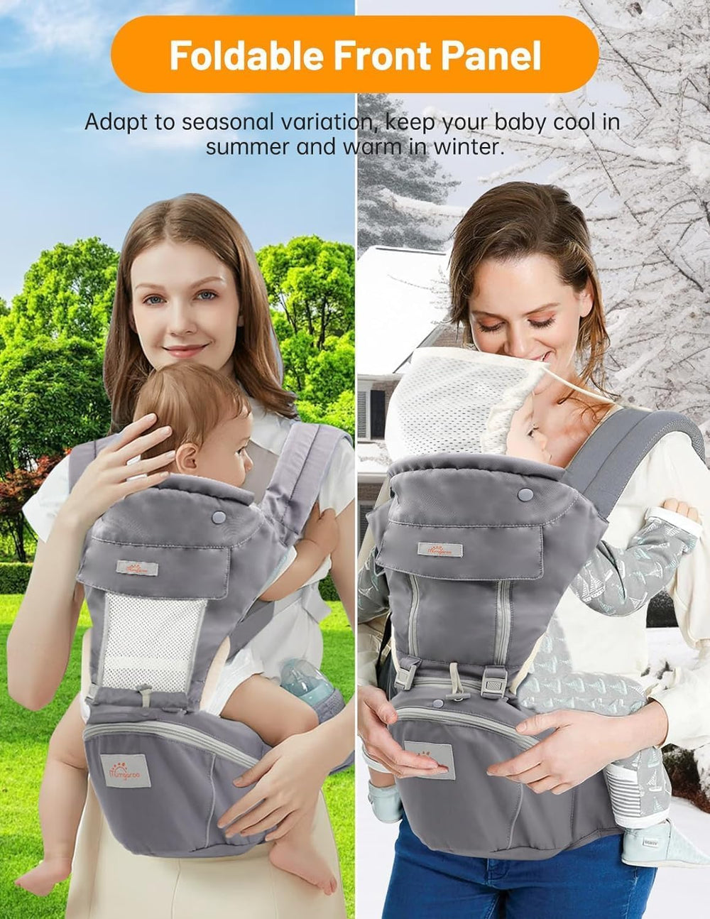 Mumgaroo wide shoulder straps and waist belt distribute weight for comfort.