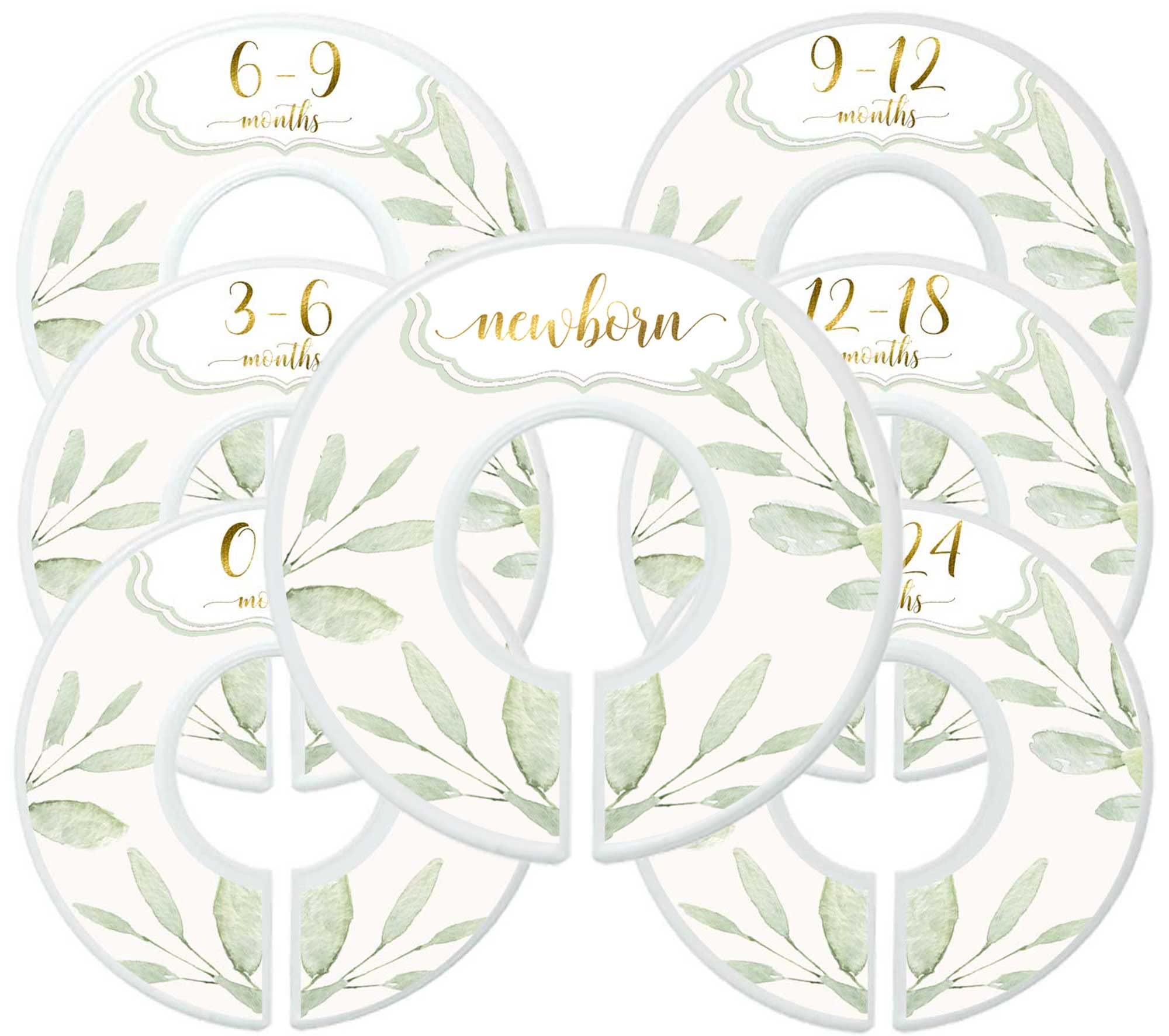 Mumsy Goose closet dividers with botanical gold design for easy newborn to 24-month organization.