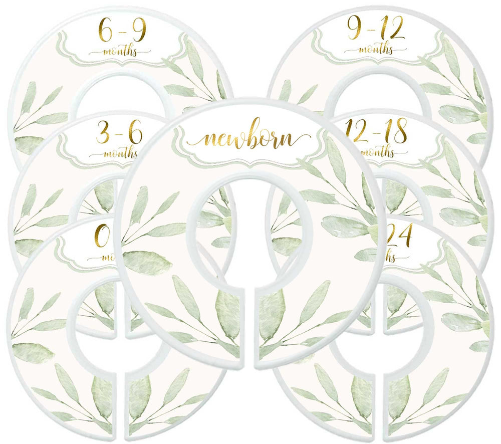 Mumsy Goose closet dividers with botanical gold design for easy newborn to 24-month organization.