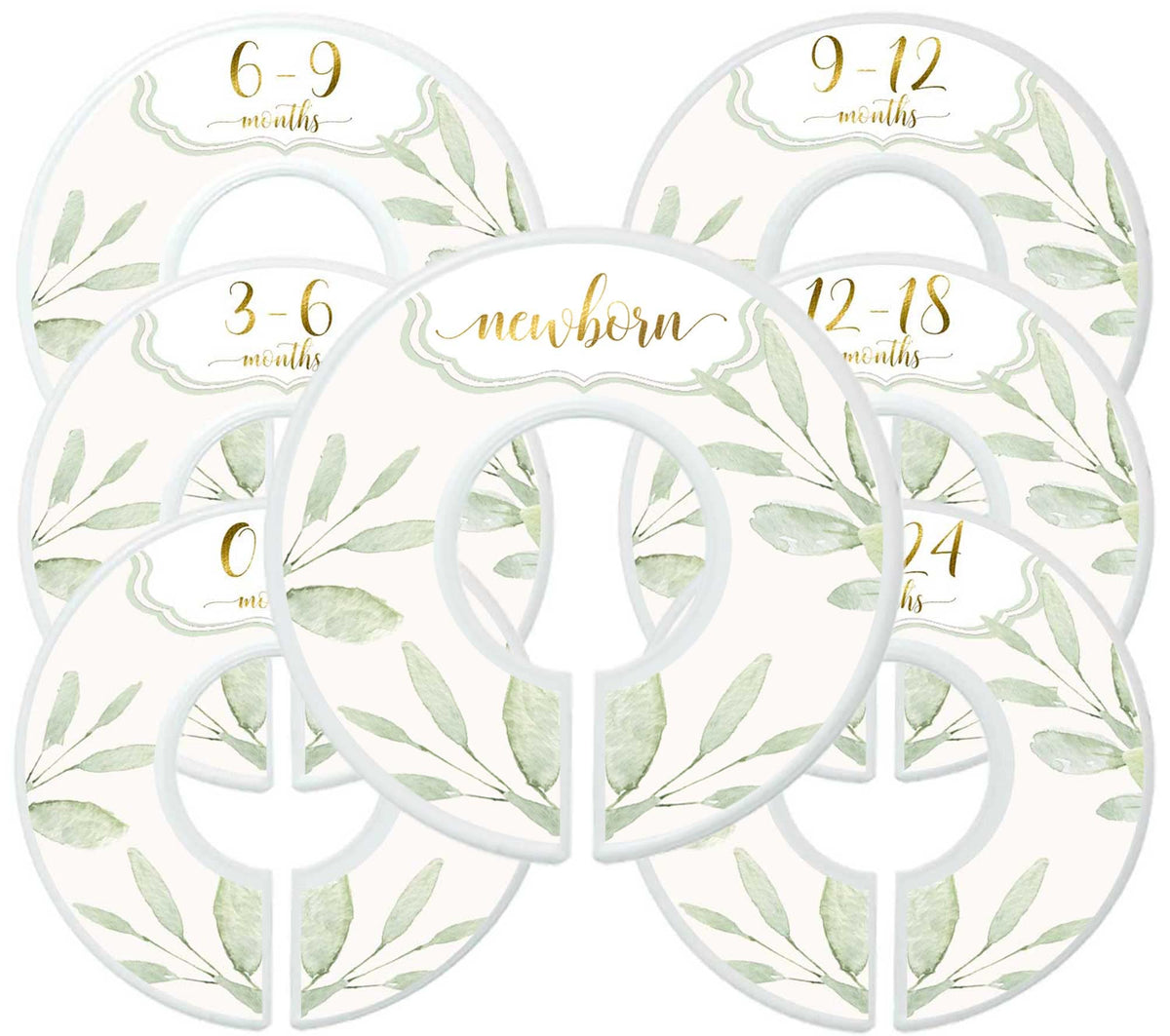 Mumsy Goose closet dividers with botanical gold design for easy newborn to 24-month organization.