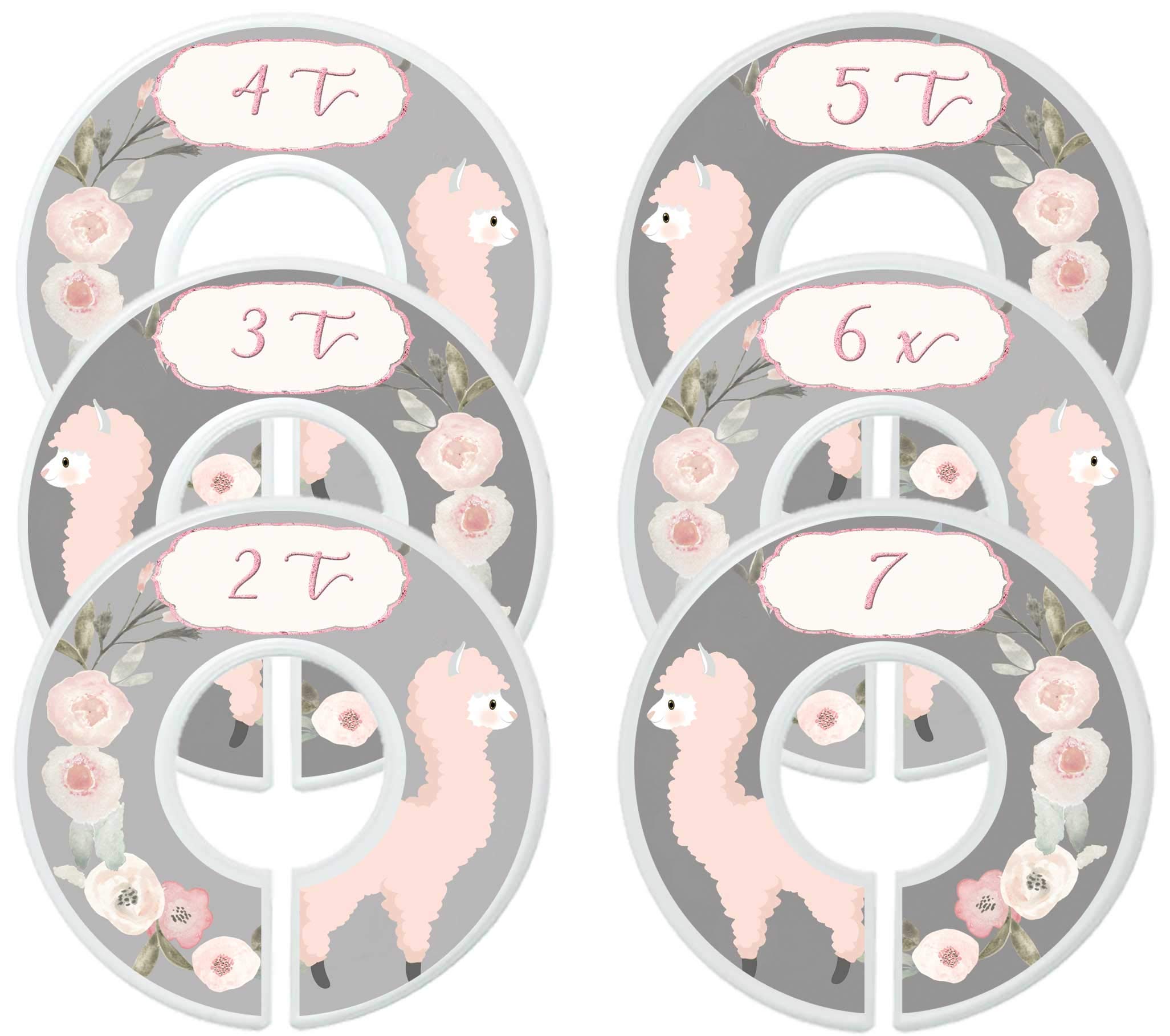 Mumsy Goose nursery closet dividers feature pink llamas and floral motifs for organized outfits.