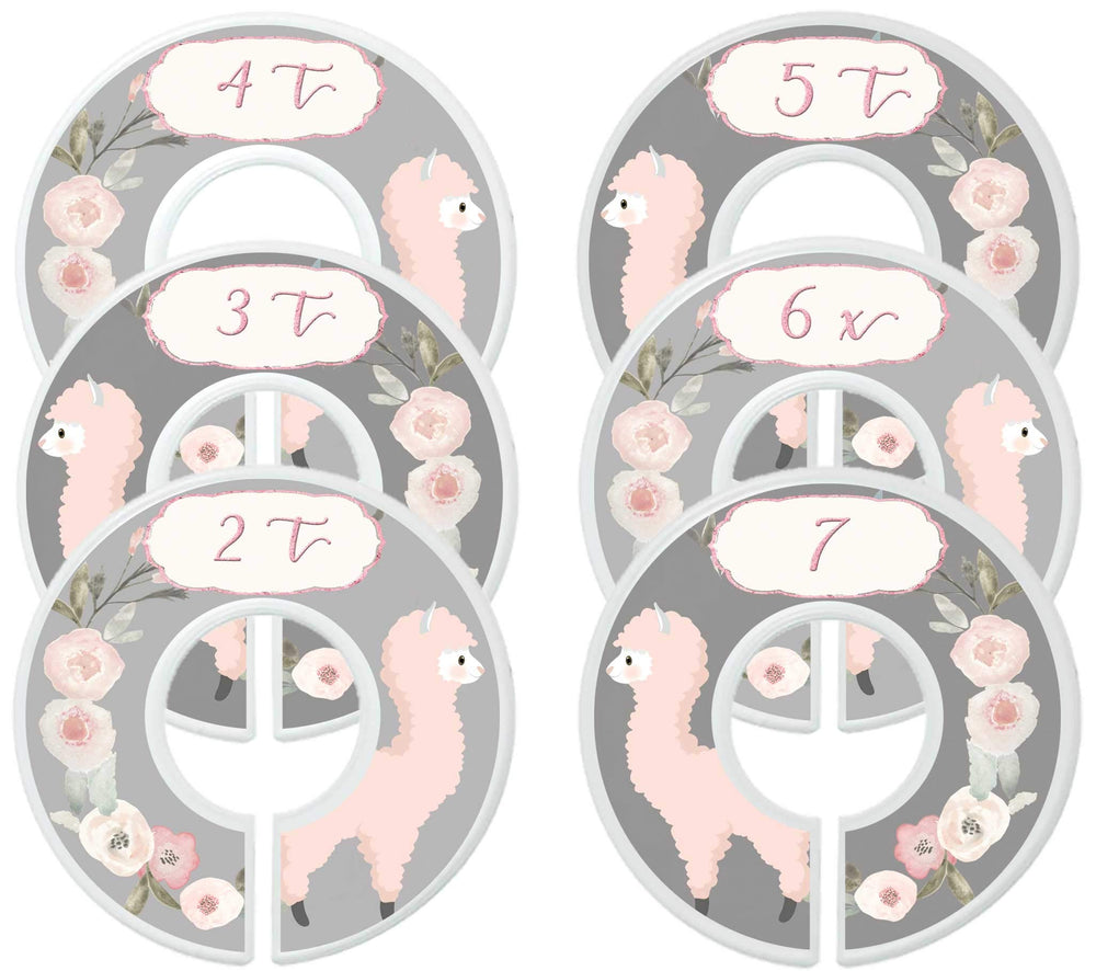 Mumsy Goose nursery closet dividers feature pink llamas and floral motifs for organized outfits.