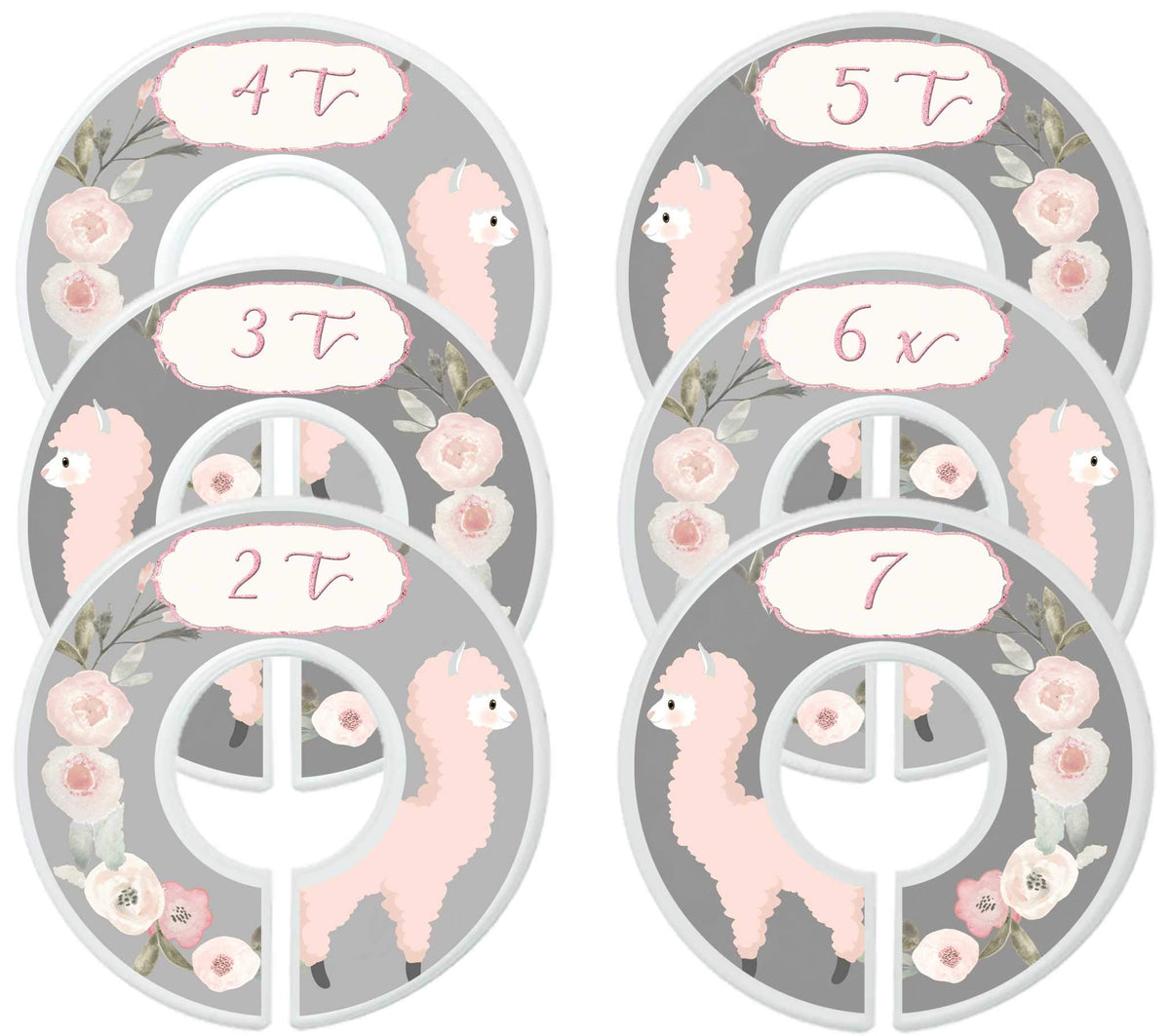 Mumsy Goose nursery closet dividers feature pink llamas and floral motifs for organized outfits.