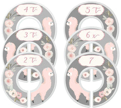 Mumsy Goose nursery closet dividers feature pink llamas and floral motifs for organized outfits.