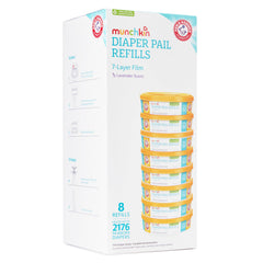 Munchkin Arm & Hammer refill ring installed in diaper pail for odors.