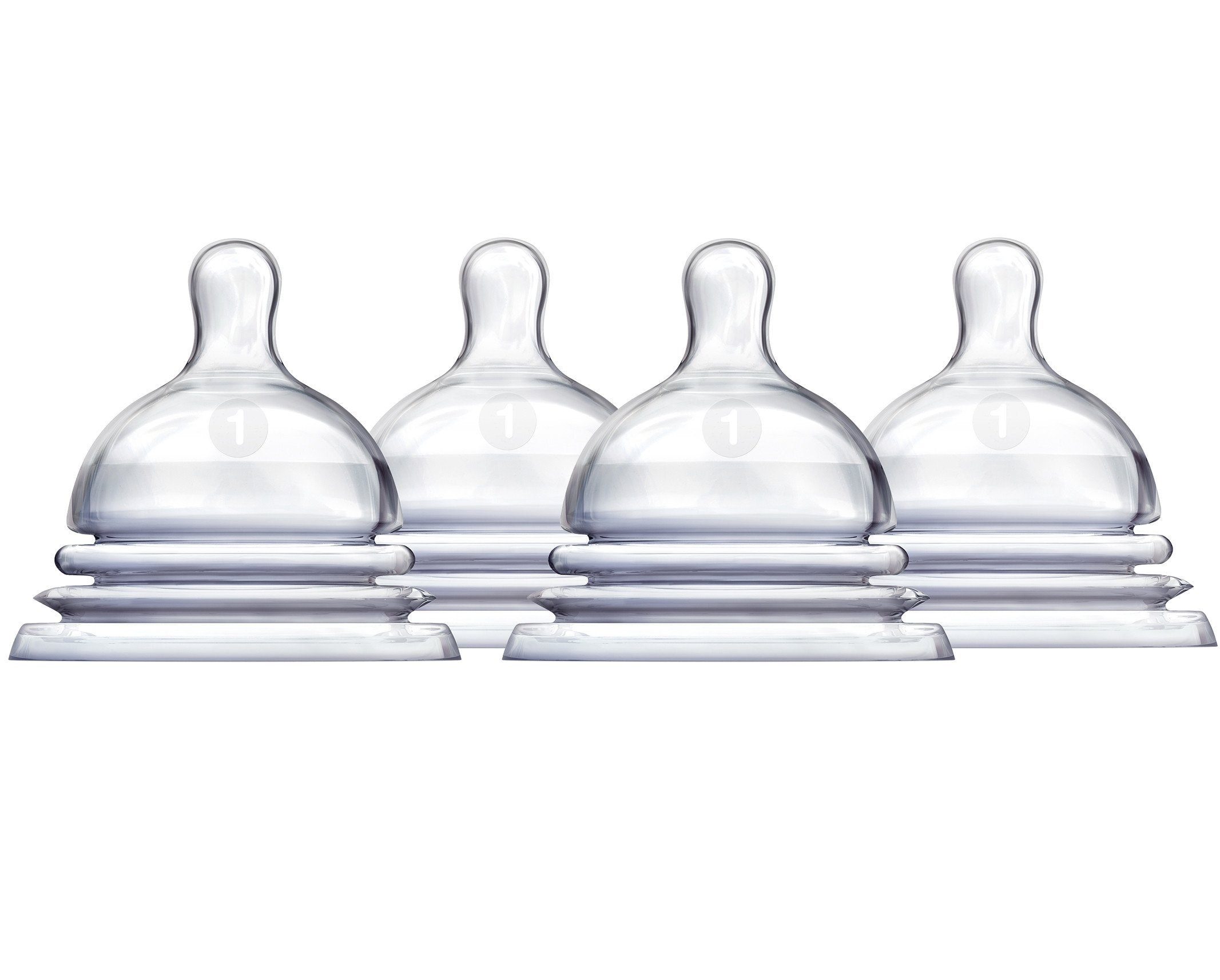 Munchkin LATCH Stage 1 nipples, four-count, slow-flow design to support natural feeding transitions.