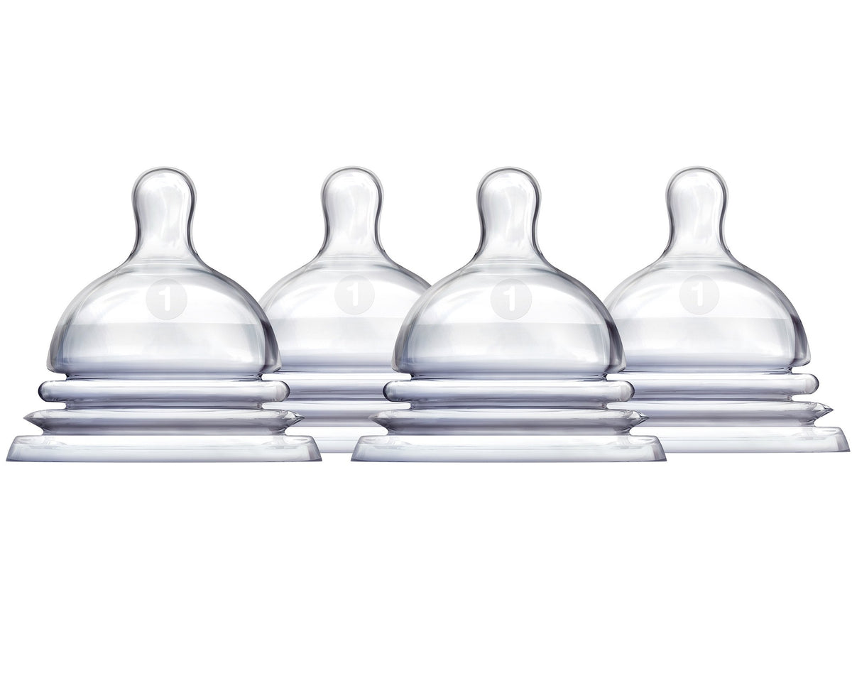 Munchkin LATCH Stage 1 nipples, four-count, slow-flow design to support natural feeding transitions.