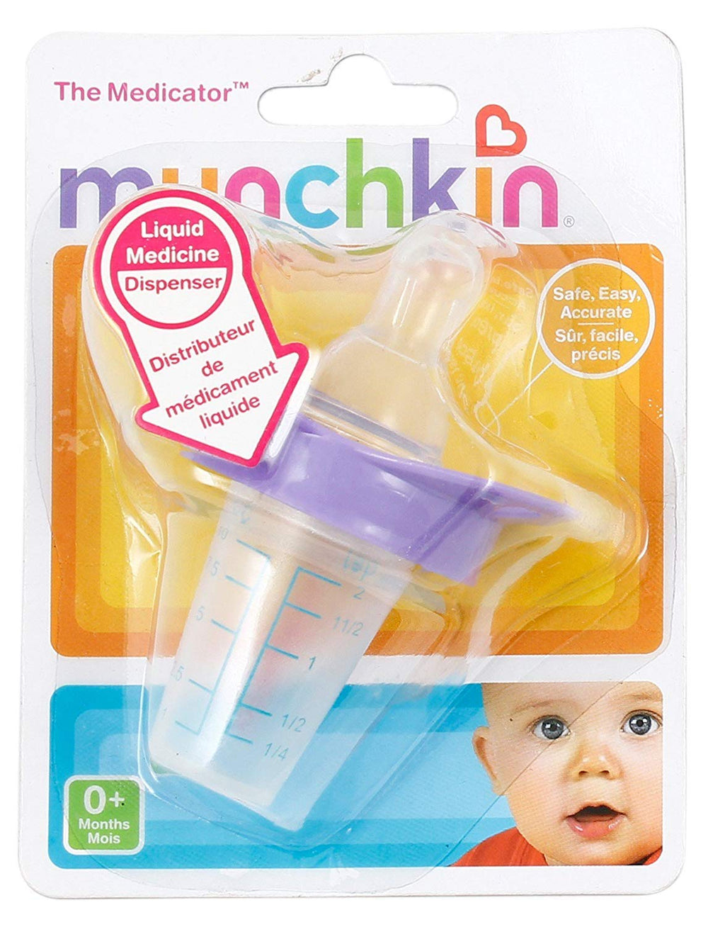 Munchkin Medicator pacifier-style dispenser for gentle liquid medicine dosing.
