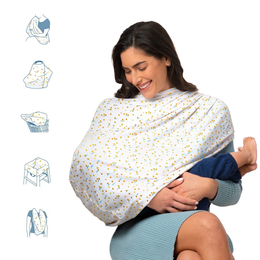 Munchkin Milkmakers 5-in-1 nursing cover in Quiet Skies drapes softly for discreet breastfeeding.