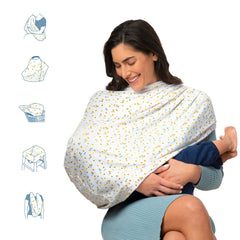 Munchkin Milkmakers 5-in-1 nursing cover in Quiet Skies drapes softly for discreet breastfeeding.