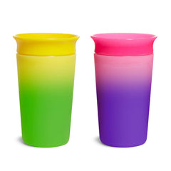 Munchkin Miracle 360 color-change pink yellow cup shows color change with cold drinks for toddlers.