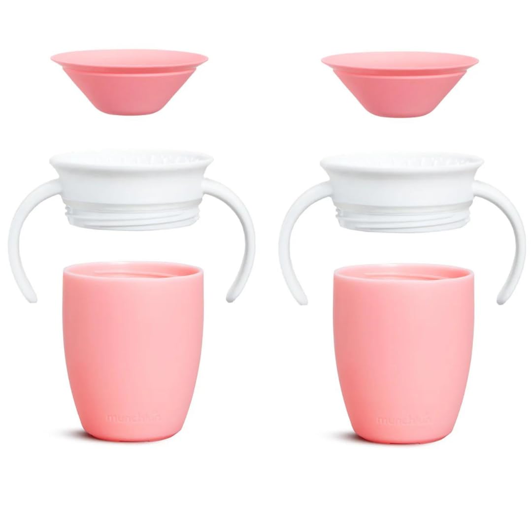 Munchkin Miracle 360 cups rose design highlighting easy-clean, dishwasher-safe performance.