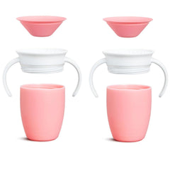 Munchkin Miracle 360 cups rose design highlighting easy-clean, dishwasher-safe performance.