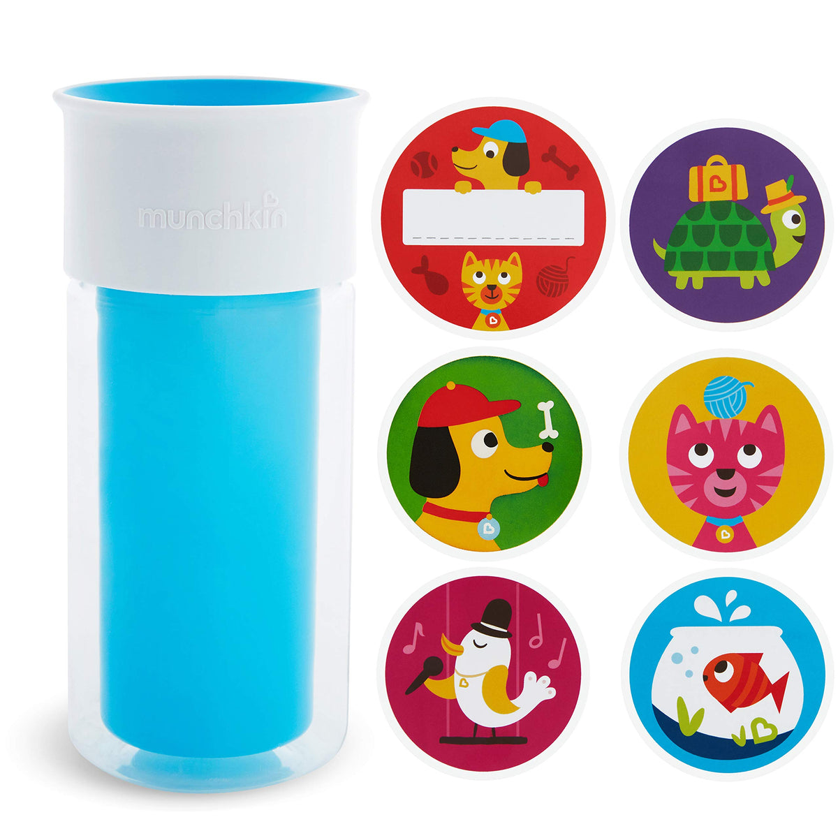 Munchkin Miracle 360 blue side view showing spill-proof design for toddlers