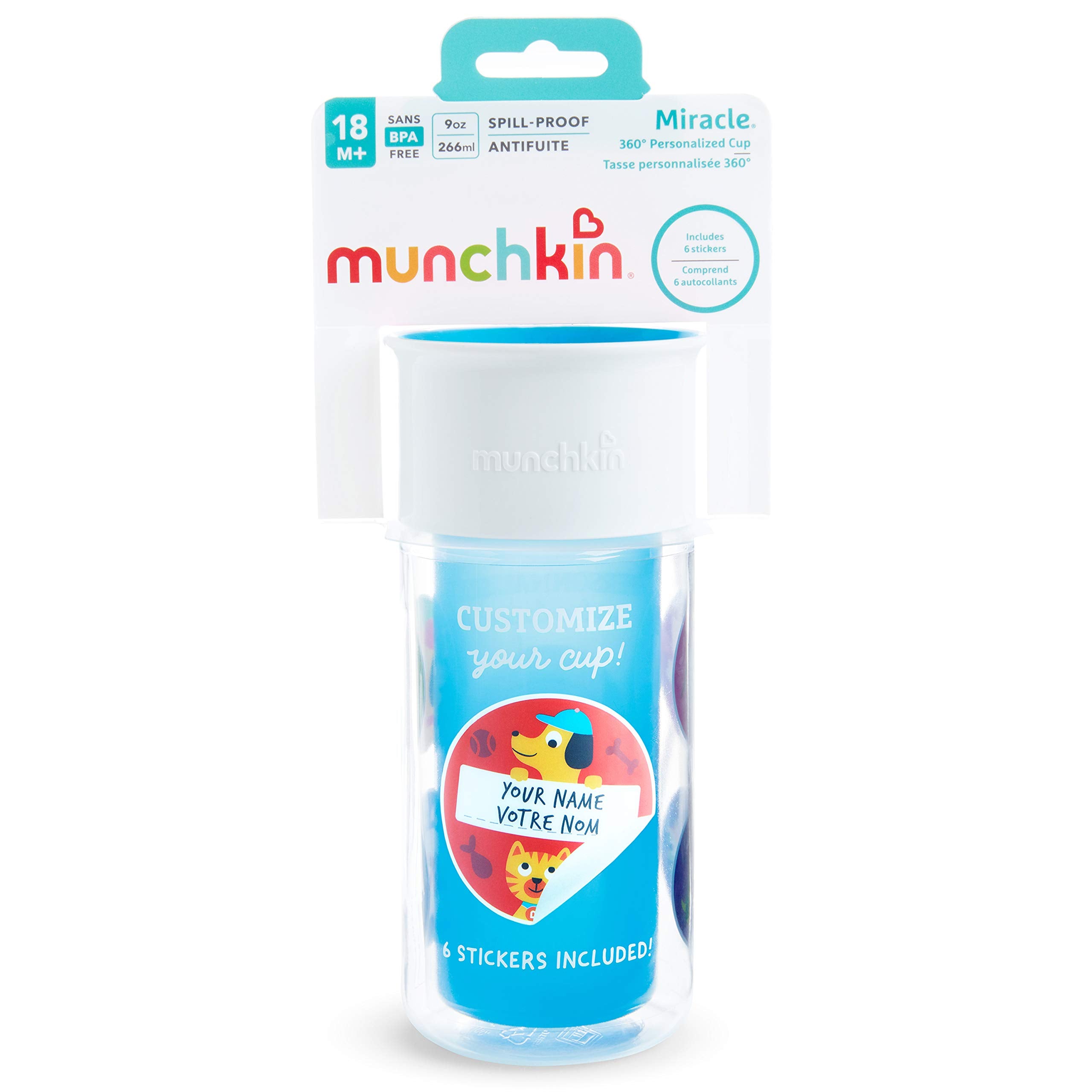Munchkin Miracle 360 blue table setup with cup, ideal for quick breaks