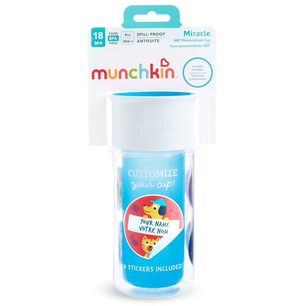 Munchkin Miracle 360 blue table setup with cup, ideal for quick breaks
